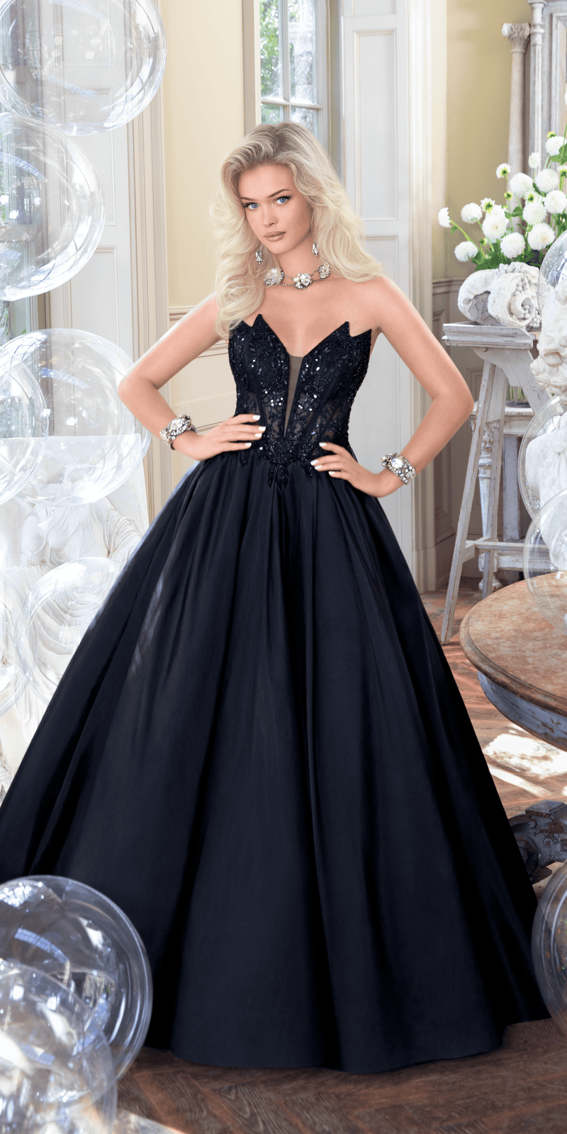 black/size/4/missy/Camille La Vie/Taffeta Plunge Beaded Ballgown with Detachable Bow and Pockets /lifestyle