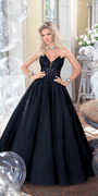 black/size/4/missy/Camille La Vie/Taffeta Plunge Beaded Ballgown with Detachable Bow and Pockets /lifestyle
