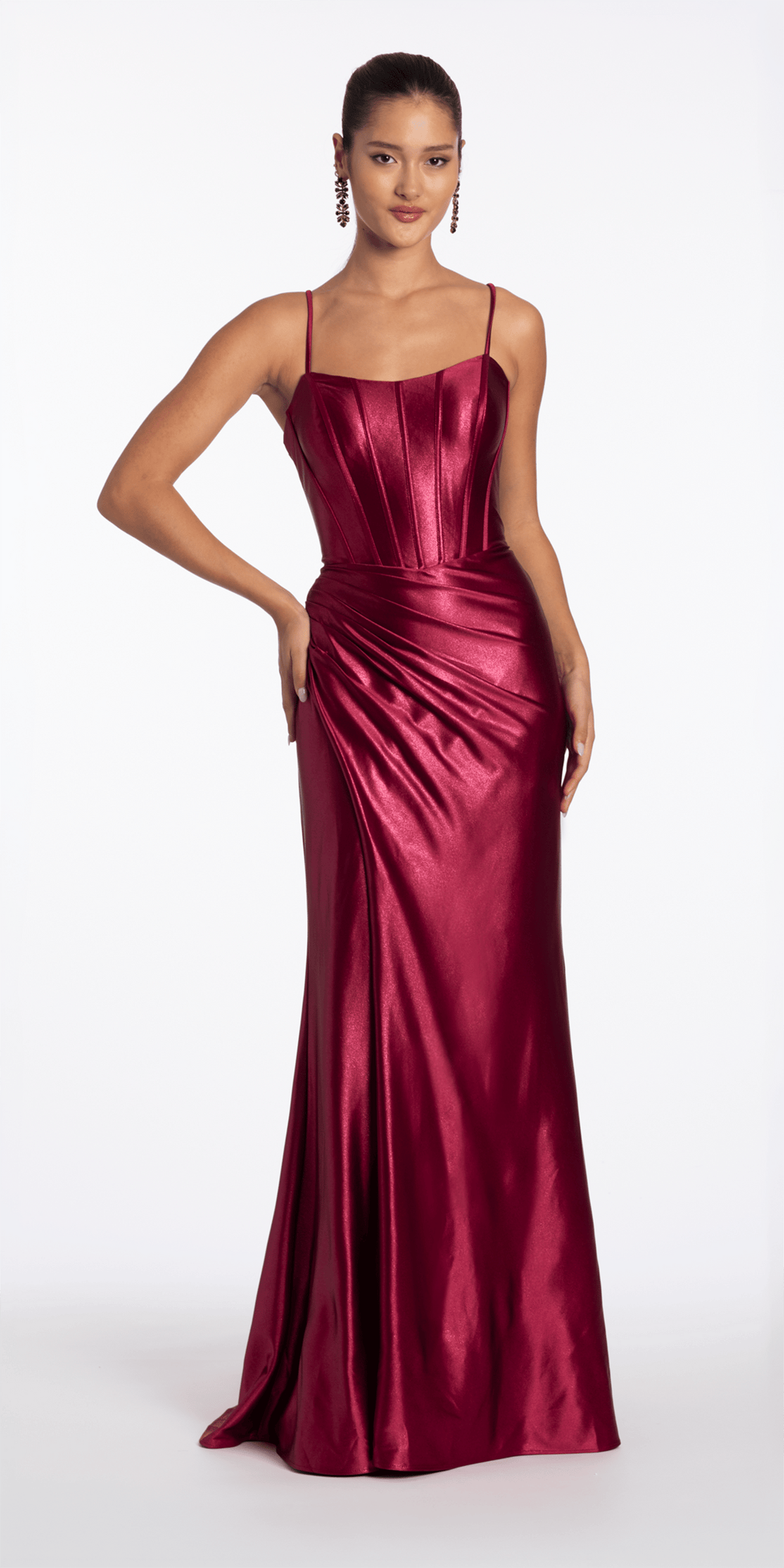 Strappy Back Satin Column Corset Dress with Side Slit – Camille La Vie