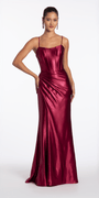 Camille La Vie Strappy Back Satin Column Corset Dress with Side Slit