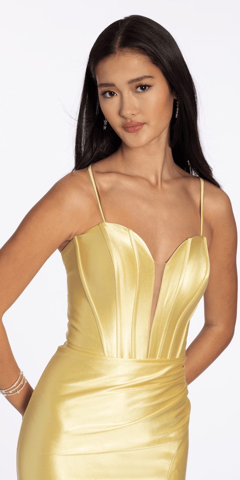 Stretch Sateen Shimmer Plunge Trumpet Dress with Sweep Train Camille La Vie Stretch Sateen Shimmer Plunge Trumpet Dress with Sweep Train Camille La Vie