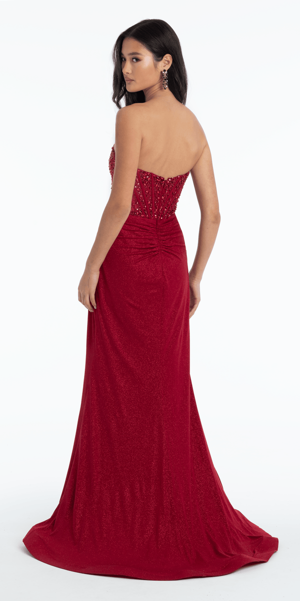 dark-red/size/4/missy/Camille La Vie/Glitter Knit Embellished Sweetheart Corset Trumpet Dress with Ruching /back