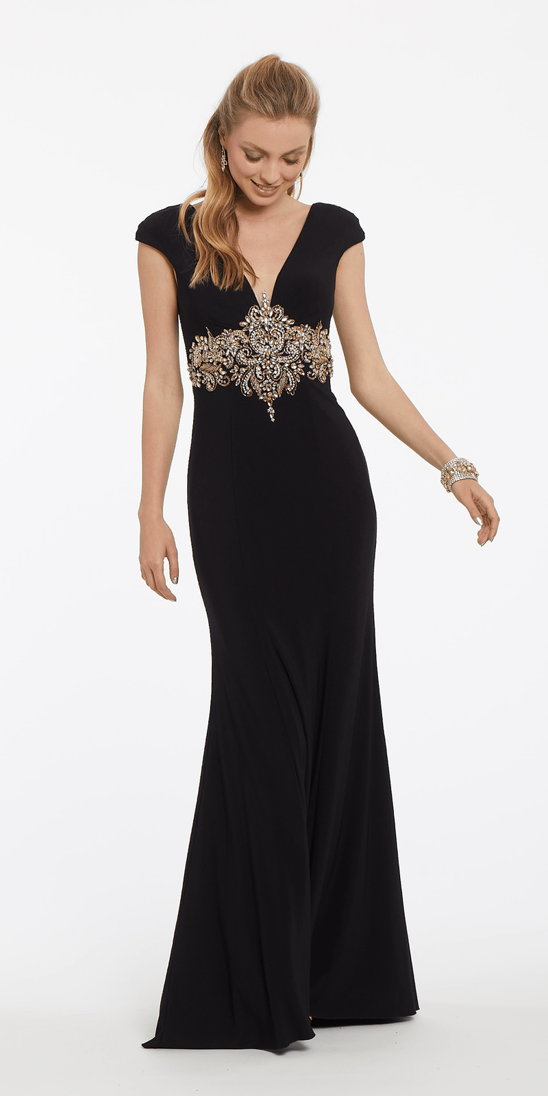 Cap Sleeve Embroidered Bodice Jersey Dress Image 3