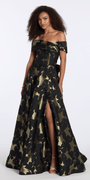 Camille La Vie Off the Shoulder Floral Jacquard A Line Dress with Bow missy / 2 / black-gold