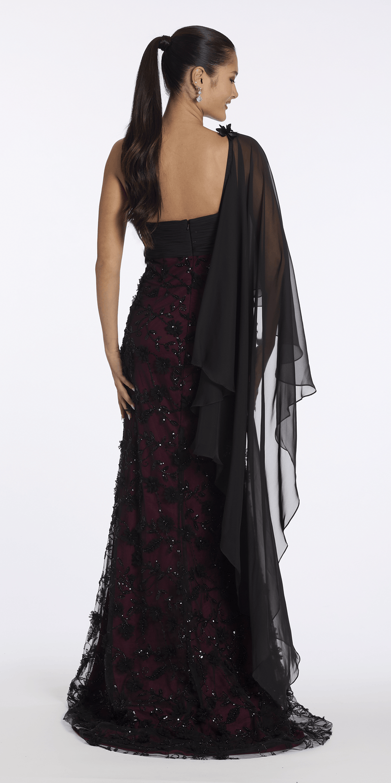 black-wine/size/6/missy/Camille La Vie/ Two Tone Mesh 3 D One Shoulder Column Dress with Cascade/back
