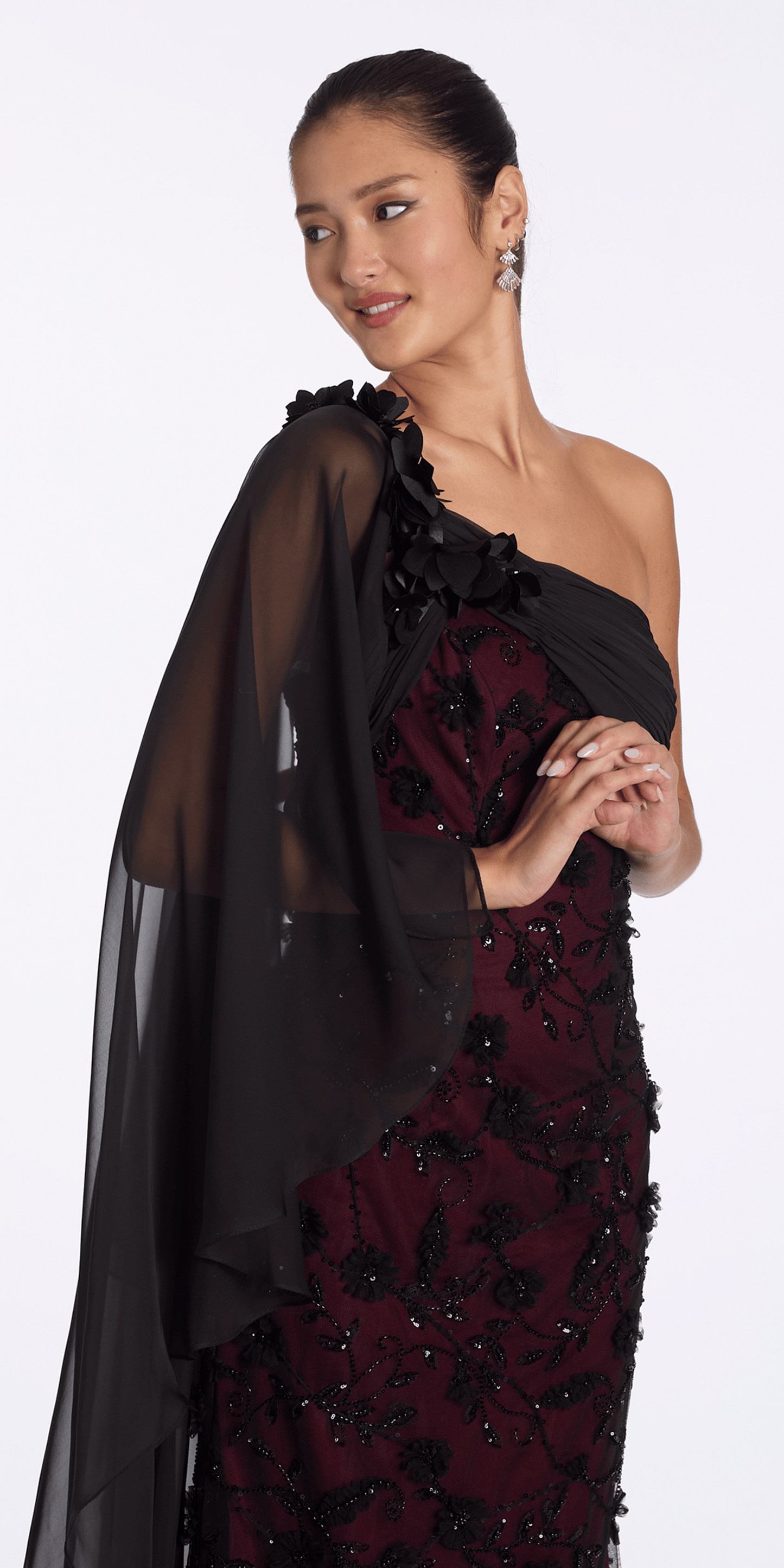 black-wine/size/6/missy/Camille La Vie/ Two Tone Mesh 3 D One Shoulder Column Dress with Cascade/closeup