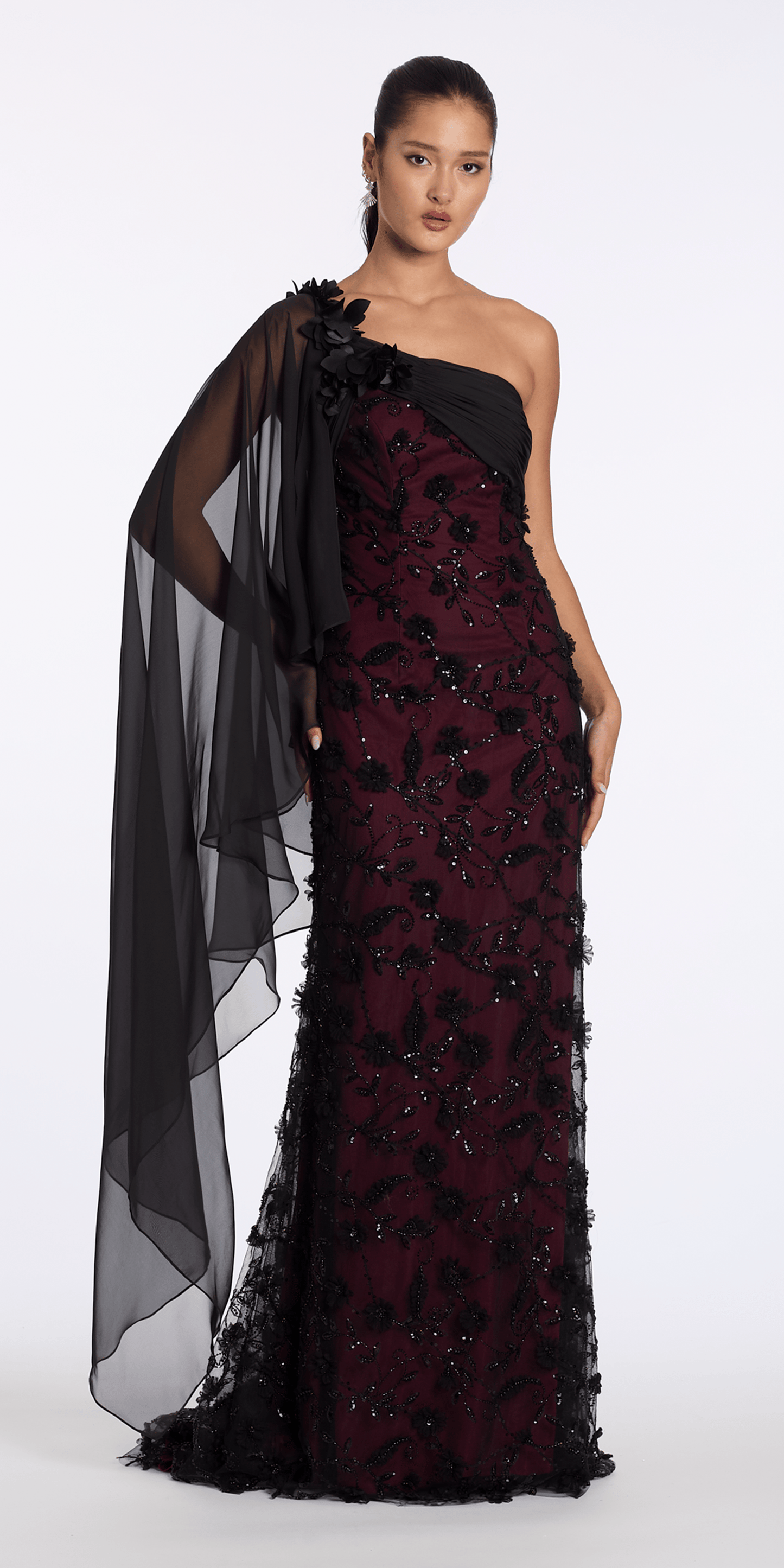 black-wine/size/6/missy/Camille La Vie/ Two Tone Mesh 3 D One Shoulder Column Dress with Cascade/front