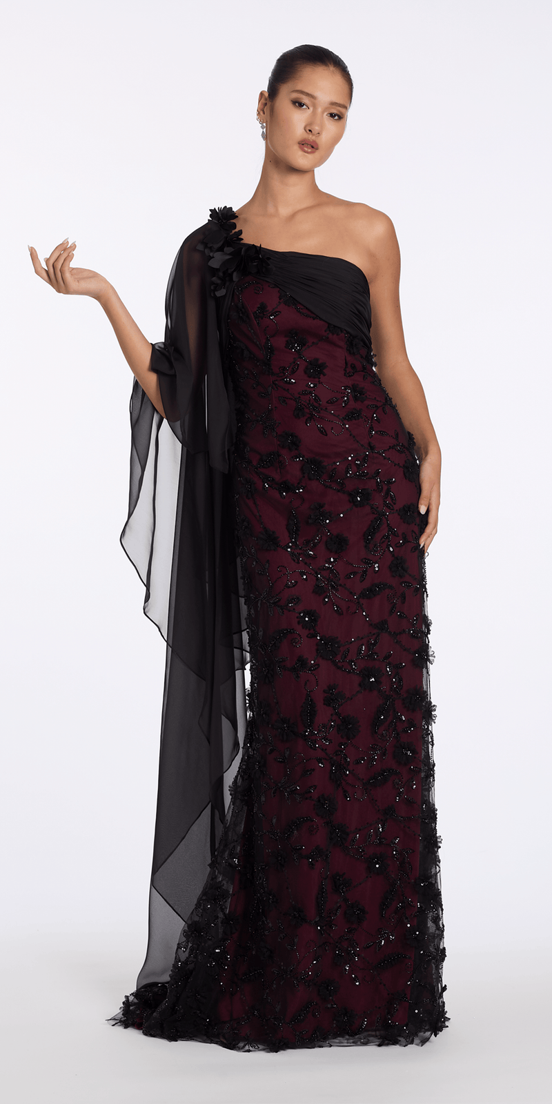black-wine/size/6/missy/Camille La Vie/ Two Tone Mesh 3 D One Shoulder Column Dress with Cascade/front alt