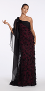 black-wine/size/6/missy/Camille La Vie/ Two Tone Mesh 3 D One Shoulder Column Dress with Cascade/front alt