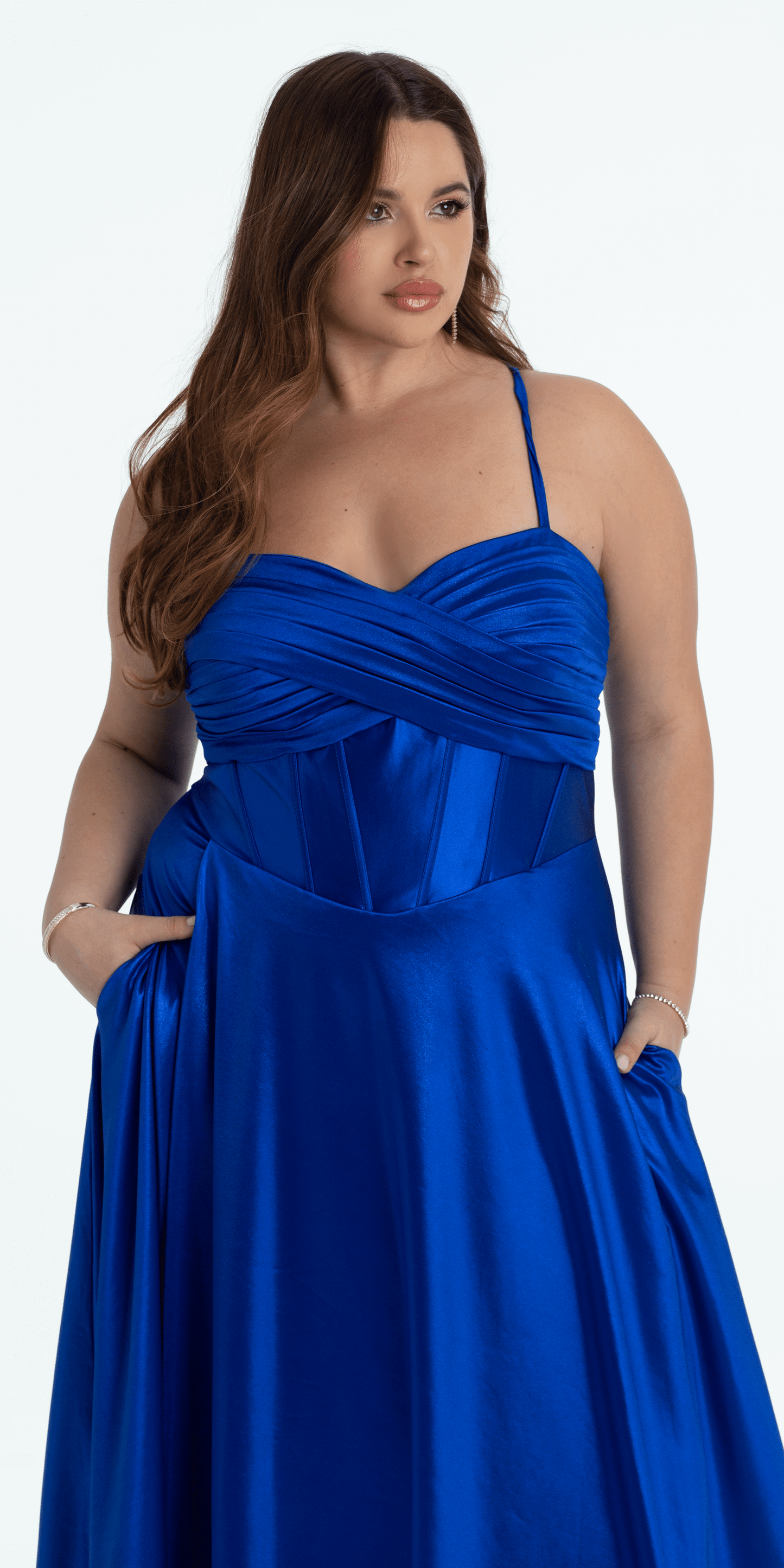 Camille La Vie /Twist Bodice Satin Corset Ballgown/ plus /size /16/ royal blue/ close up