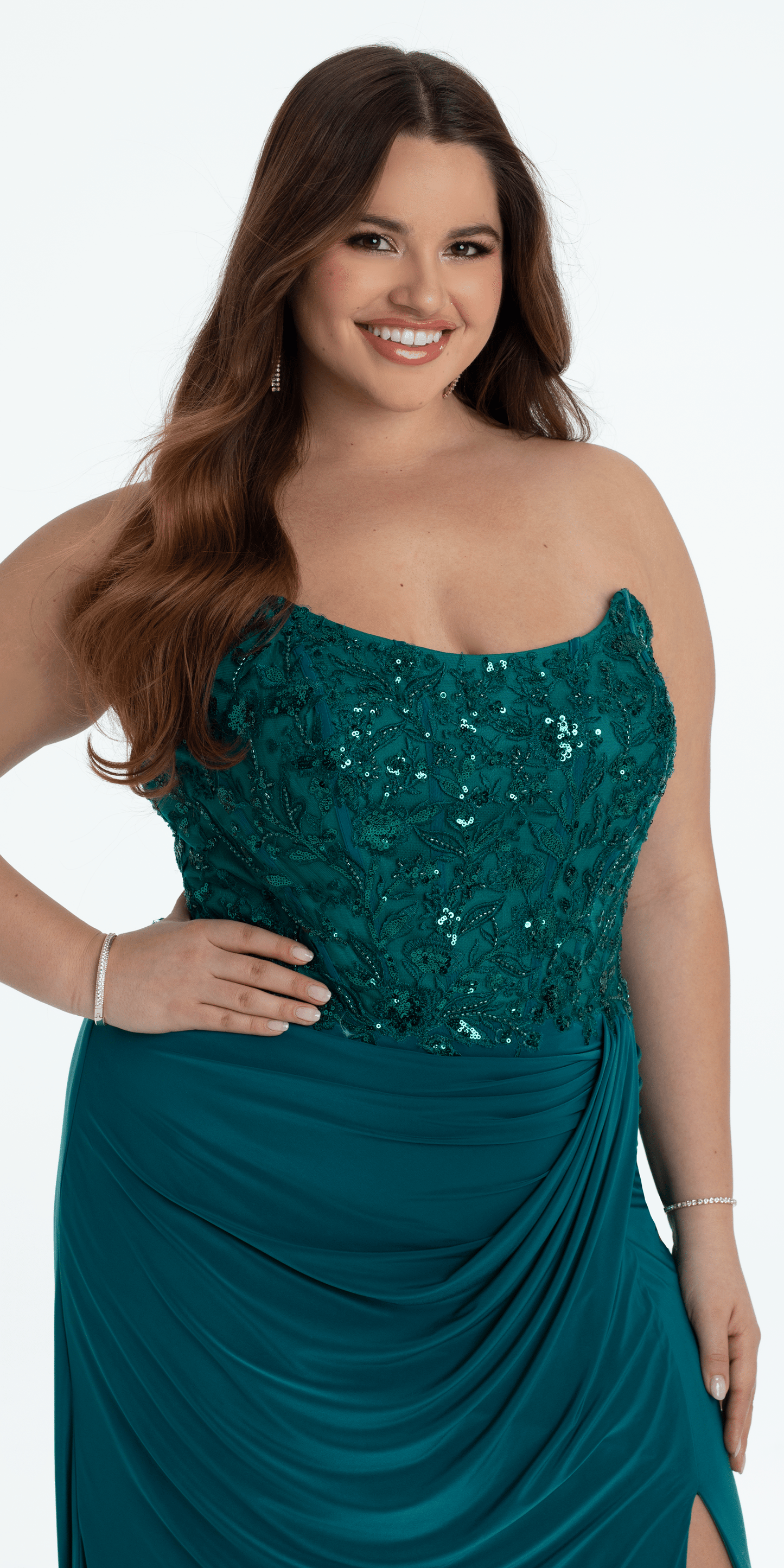 Camille La Vie Strapless Embellished Drape Corset Jersey Column Dress