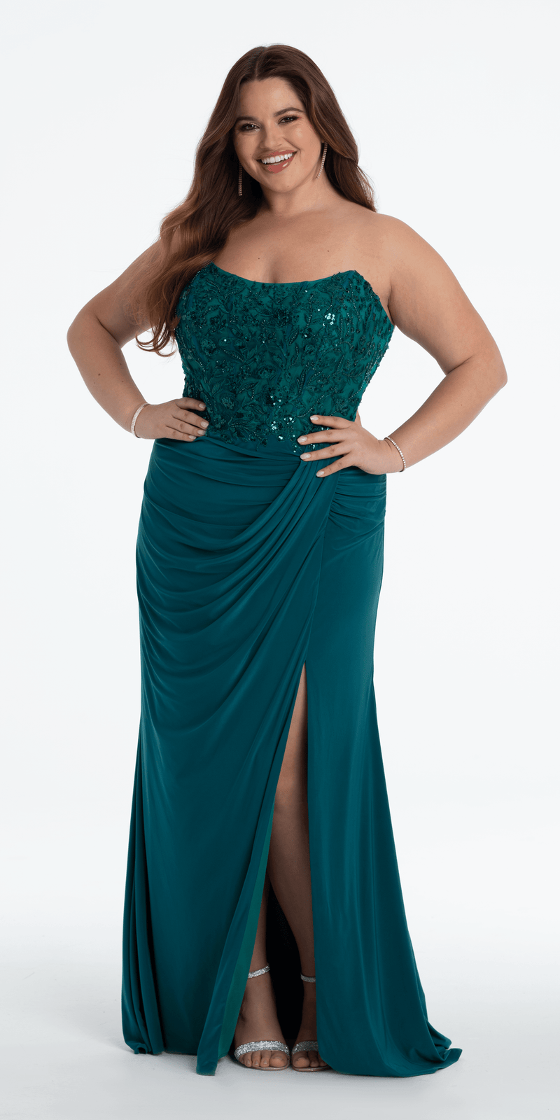Strapless Embellished Drape Corset Jersey Column Dress plus / 16 / dark-green