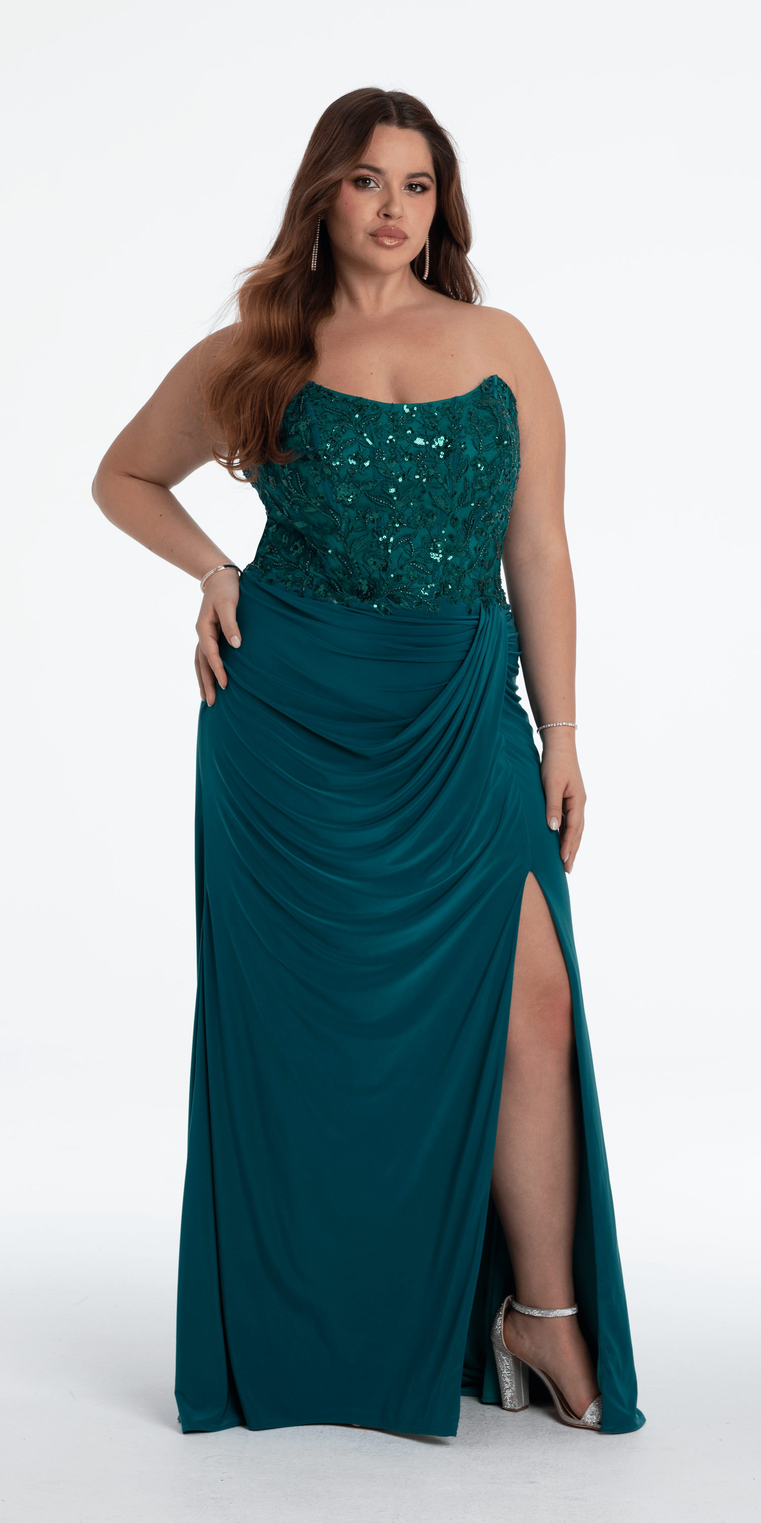 Strapless Embellished Drape Corset Jersey Column Dress – Camille La Vie