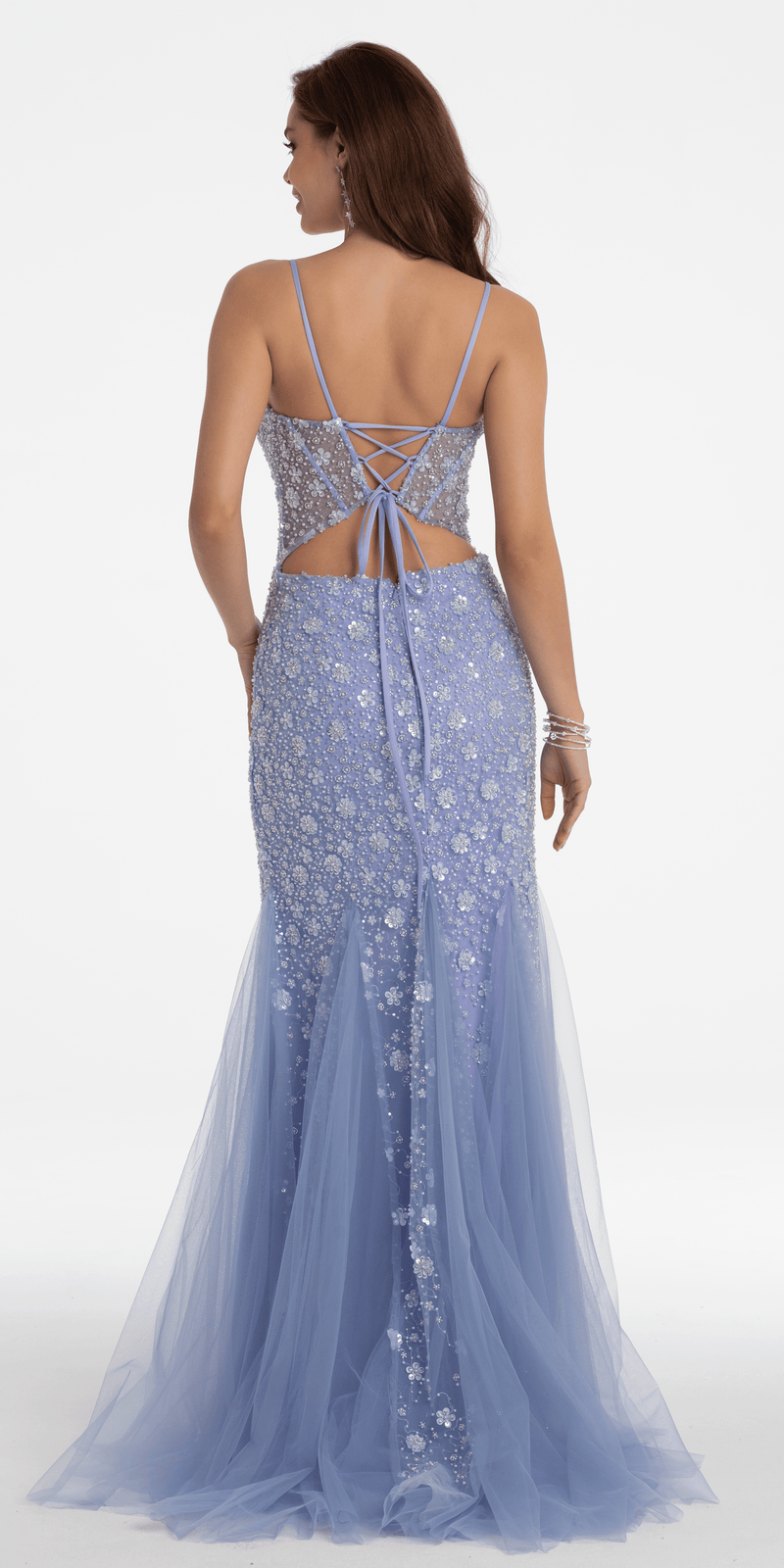Plunging Pearl Corset Embellished Keyhole Back Dress Image 4