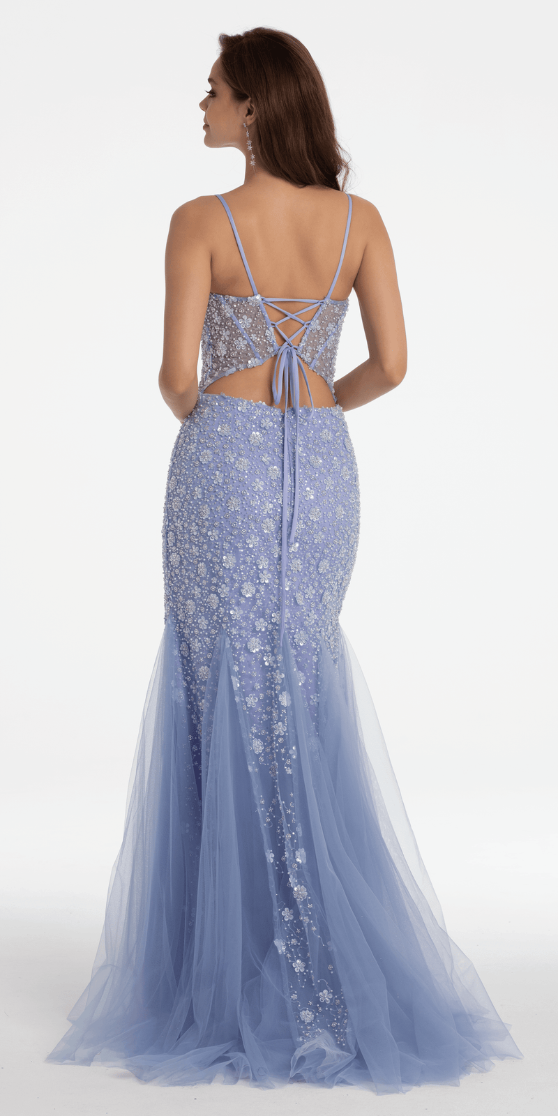 Plunging Pearl Corset Embellished Keyhole Back Dress Image 5