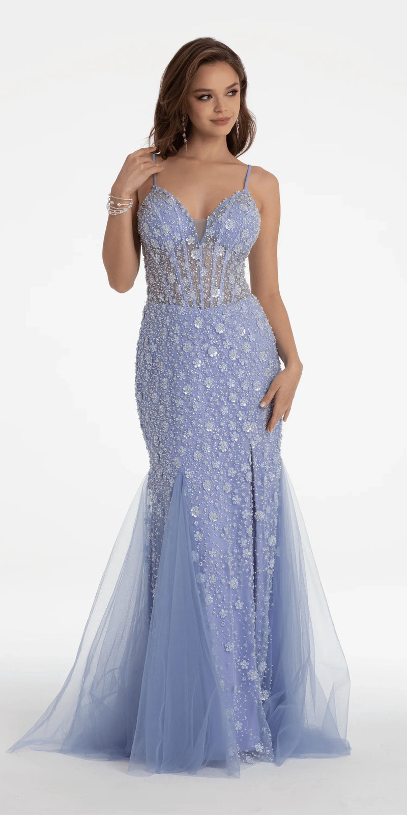 Plunging Pearl Corset Embellished Keyhole Back Dress missy / 10 / periwinkle