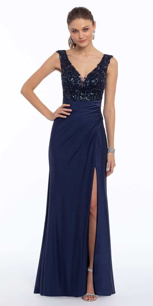 Deep V Beaded Column Dress with Slit Deep V Beaded Column Dress with Slit