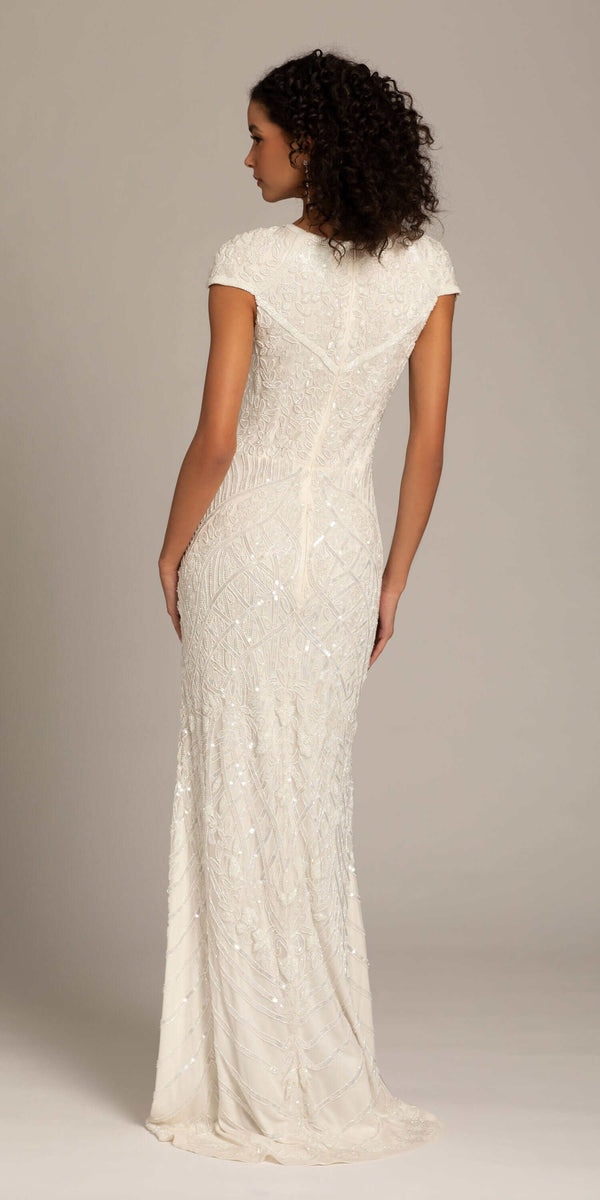 Geometric Beaded Cap Sleeve Jewel Neck Mesh Column Dress missy / 0 / ivory Geometric Beaded Cap Sleeve Jewel Neck Mesh Column Dress missy / 0 / ivory