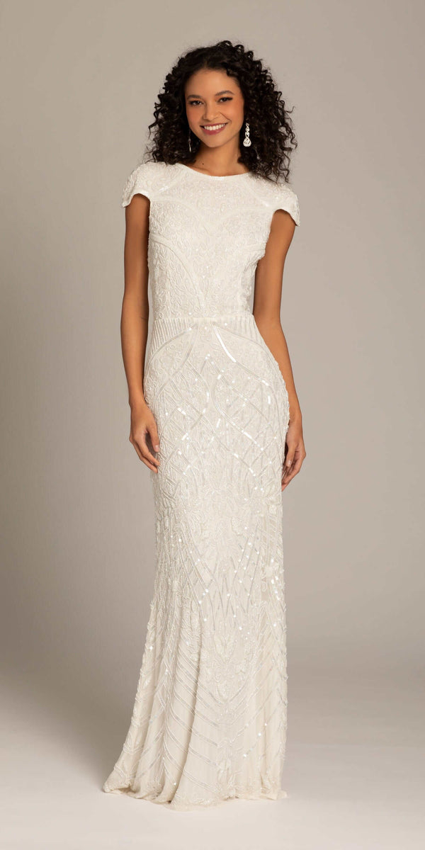 Geometric Beaded Cap Sleeve Jewel Neck Mesh Column Dress missy / 0 / ivory Geometric Beaded Cap Sleeve Jewel Neck Mesh Column Dress missy / 0 / ivory