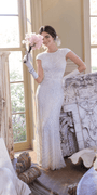 Geometric Beaded Cap Sleeve Jewel Neck Mesh Column Dress Image 2