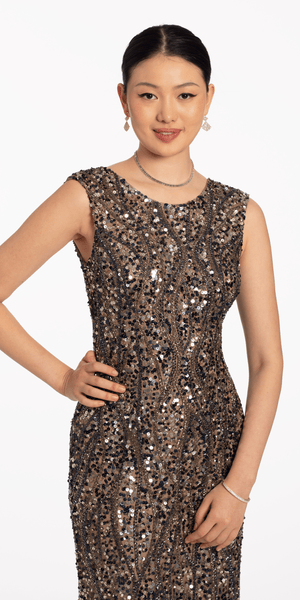 Two Tone Boat Neck Beaded Sequin Cap Sleeve Column Dress Image 1