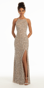 Sequin Halter Dress with Side Slit Image 3