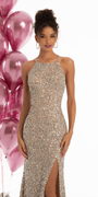 Sequin Halter Dress with Side Slit Image 1