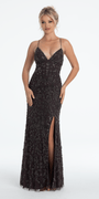 Scroll Pattern Sequin Halter Dress with Side Slit Image 1