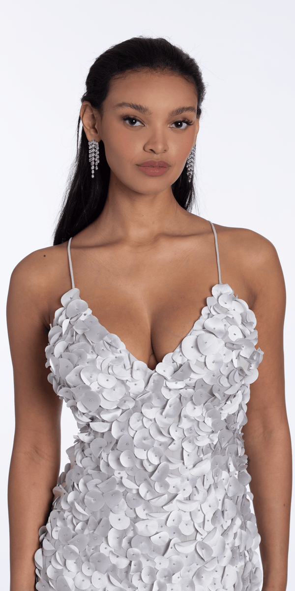 silver/size/4/missy/Camille La Vie/Mesh Strappy Back V Neck Column Dress with 3 D Petals /close up