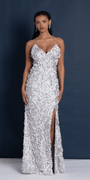 Camille La Vie Mesh Strappy Back V Neck Column Dress with 3 D Petals