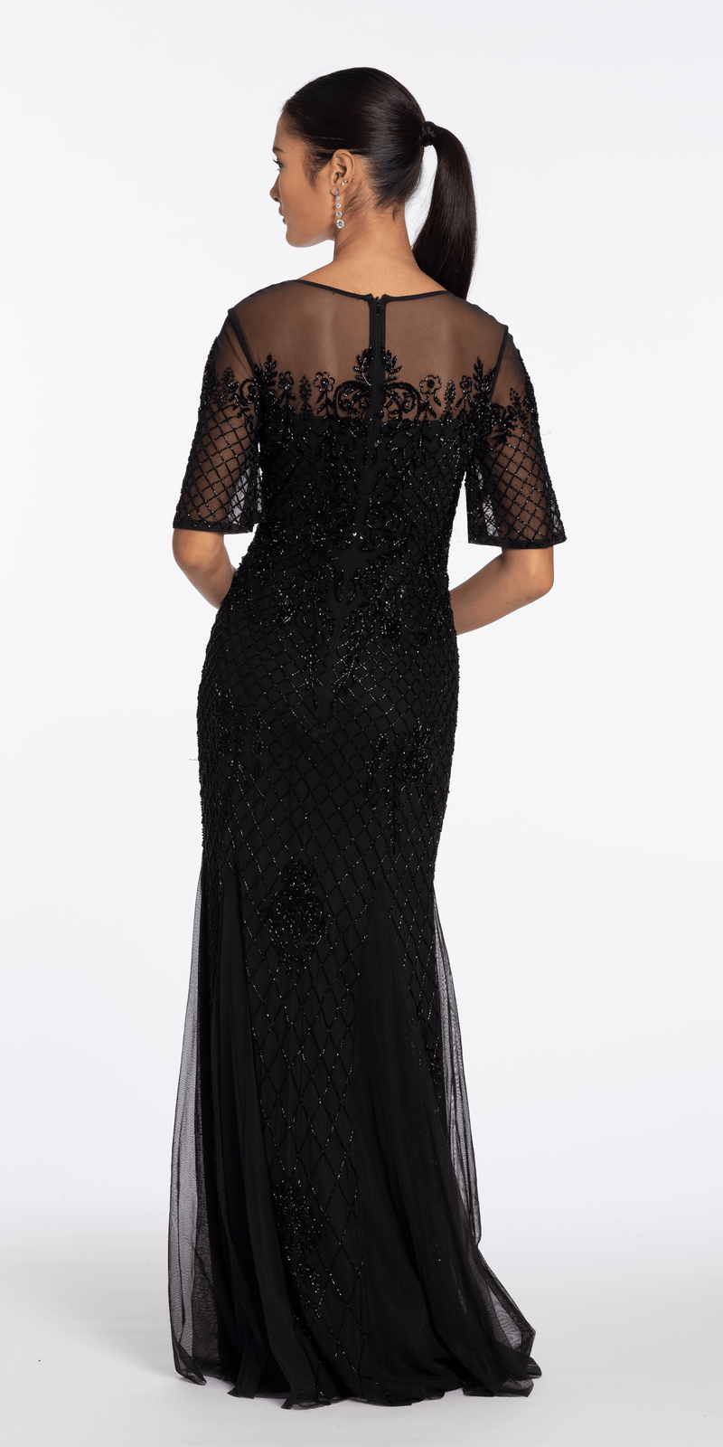 black/size/4/missy/Camille La Vie/Beaded Illusion Short Sleeve Trumpet Dress with Godets/back