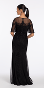 black/size/4/missy/Camille La Vie/Beaded Illusion Short Sleeve Trumpet Dress with Godets/back