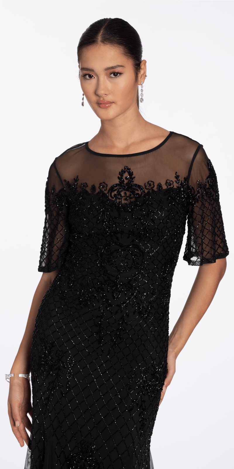 black/size/4/missy/Camille La Vie/Beaded Illusion Short Sleeve Trumpet Dress with Godets/close up