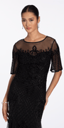 black/size/4/missy/Camille La Vie/Beaded Illusion Short Sleeve Trumpet Dress with Godets/close up