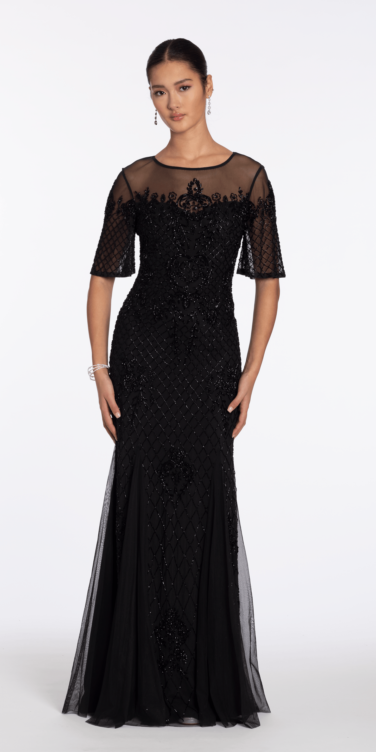 black/size/4/missy/Camille La Vie/Beaded Illusion Short Sleeve Trumpet Dress with Godets/front