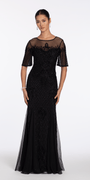 black/size/4/missy/Camille La Vie/Beaded Illusion Short Sleeve Trumpet Dress with Godets/front