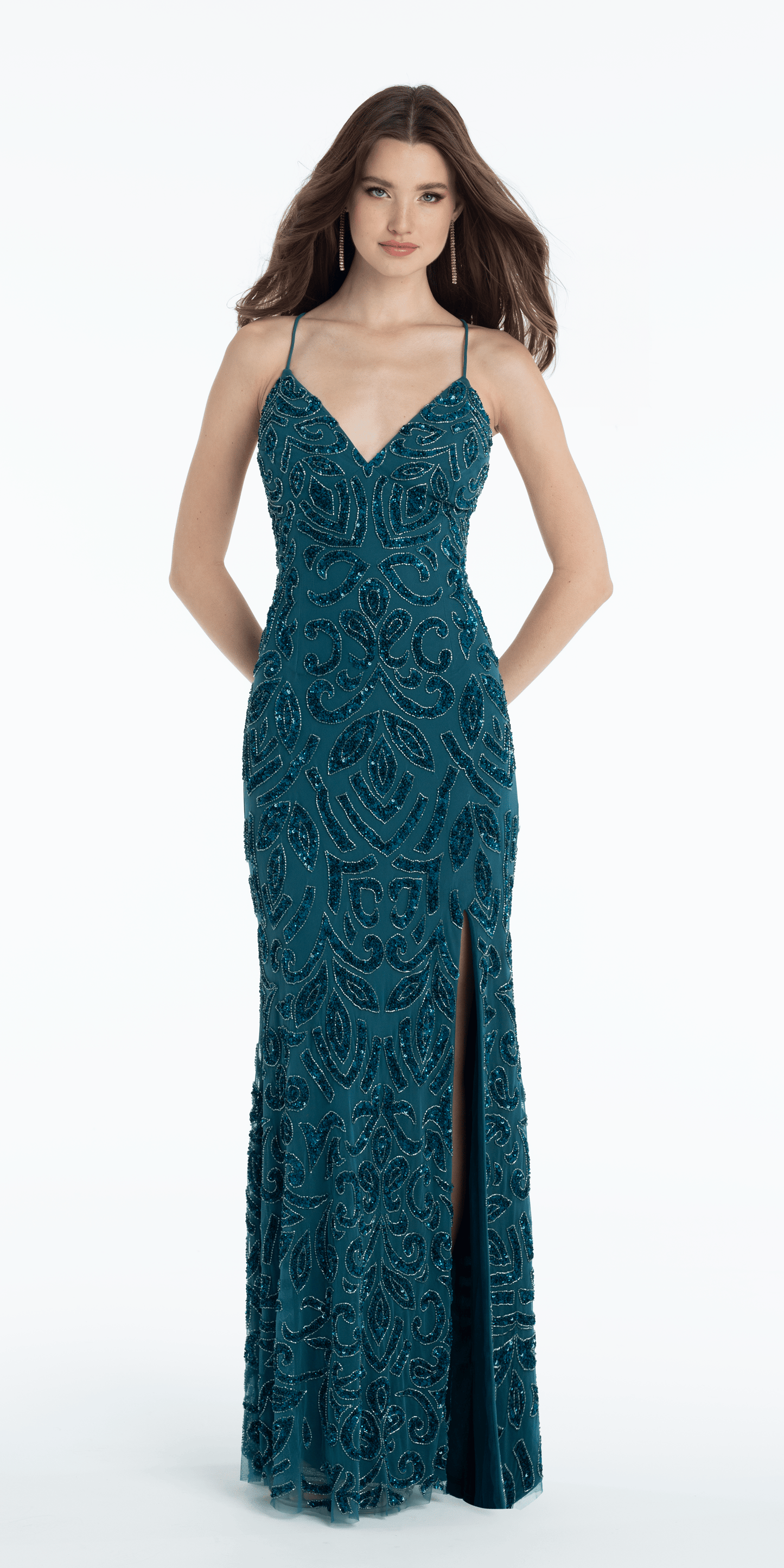 teal/size/0/missy/Camille La Vie /Sweetheart Mesh Scroll Beaded Column Dress with Side Slit/front
