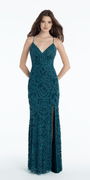 Sweetheart Mesh Scroll Beaded Column Dress with Side Slit Image 1