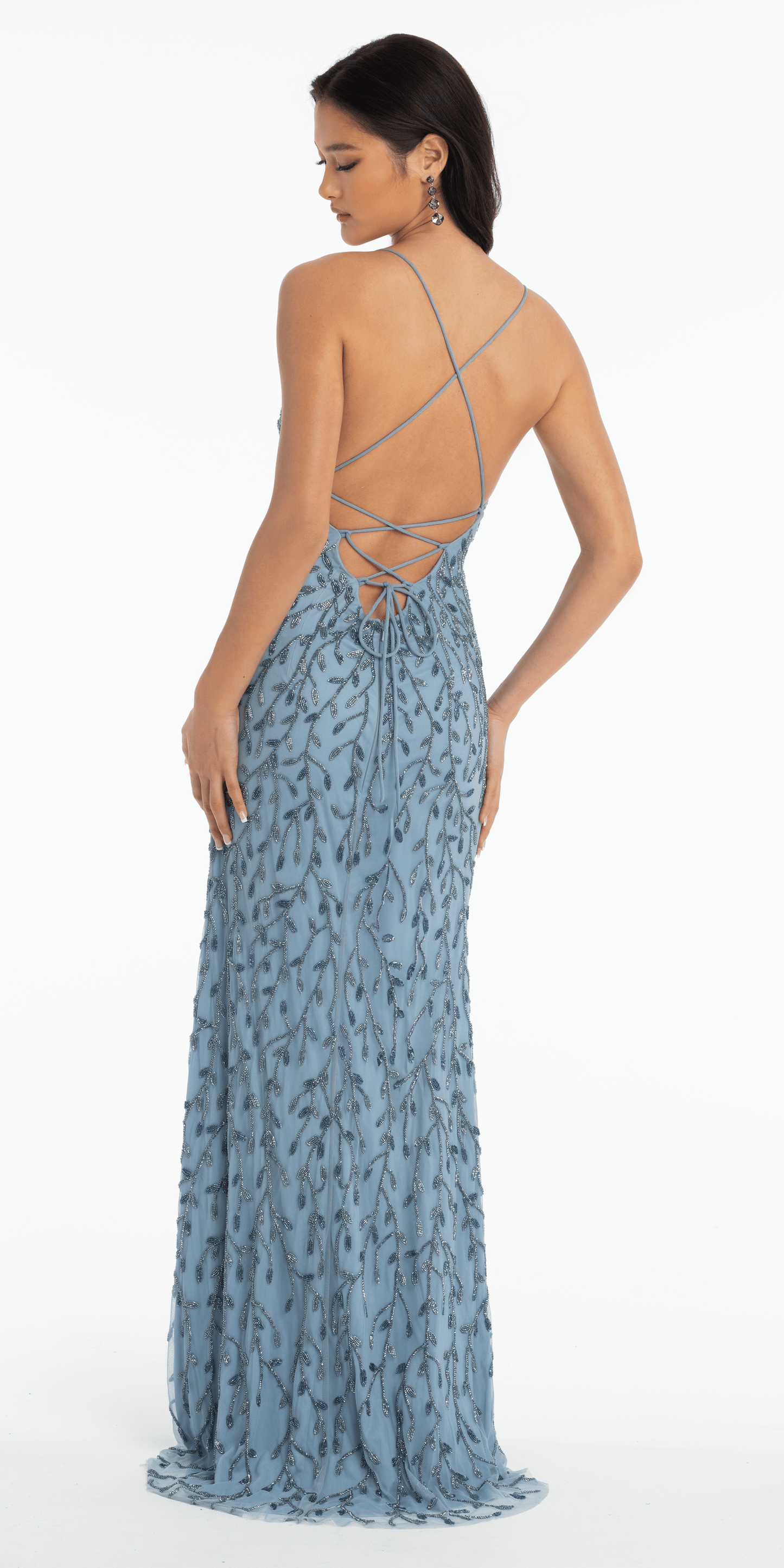 sky-blue/size/4/missy/Camille La Vie/Sweetheart Strappy Back Vine Beaded Mesh Column Dress/back