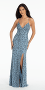 sky-blue/size/4/missy/Camille La Vie/Sweetheart Strappy Back Vine Beaded Mesh Column Dress /front alt