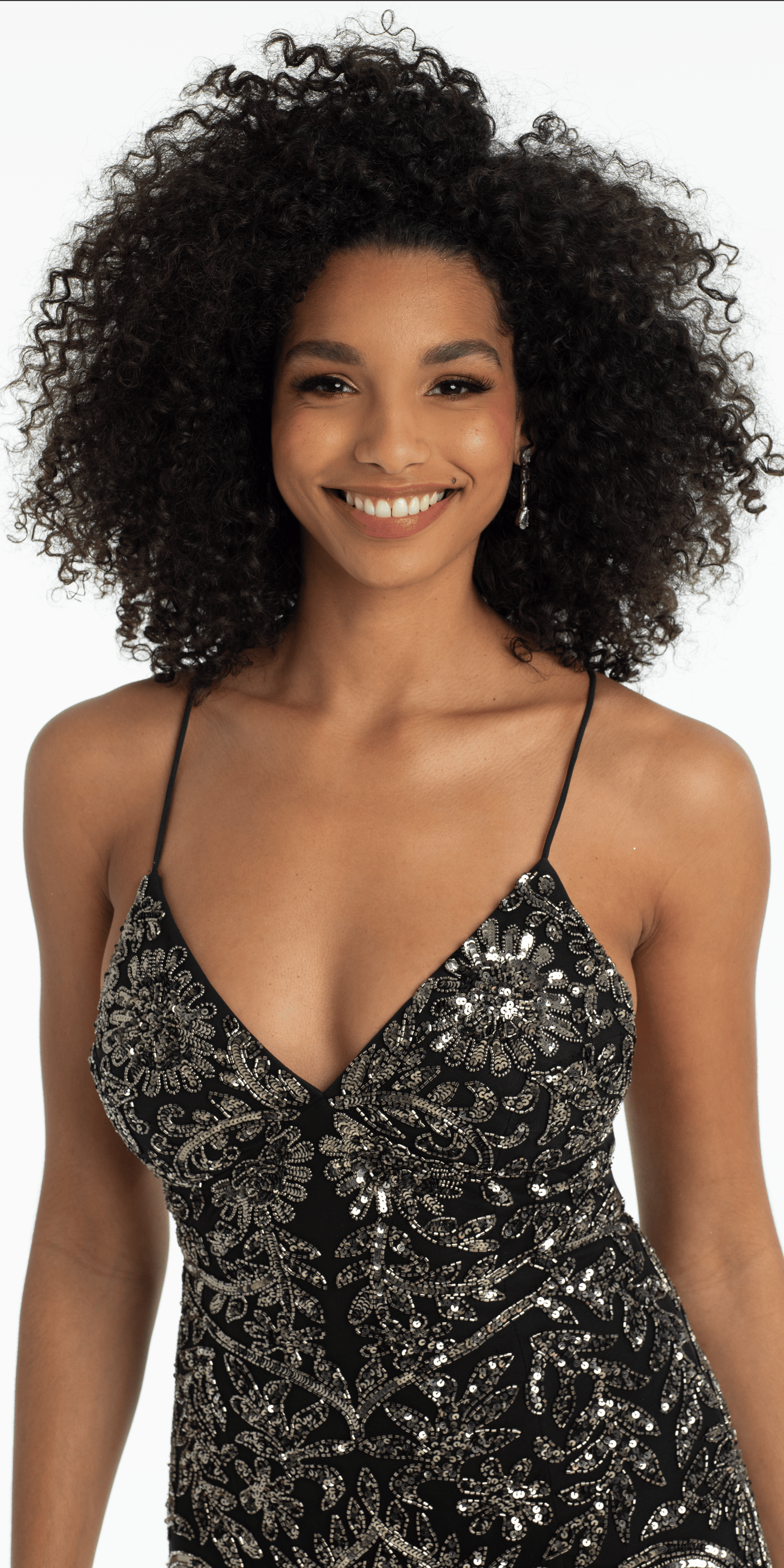 black/size/00/ missy/Camille La Vie /Strappy Back Mesh Sweetheart Beaded Column Dress/close up