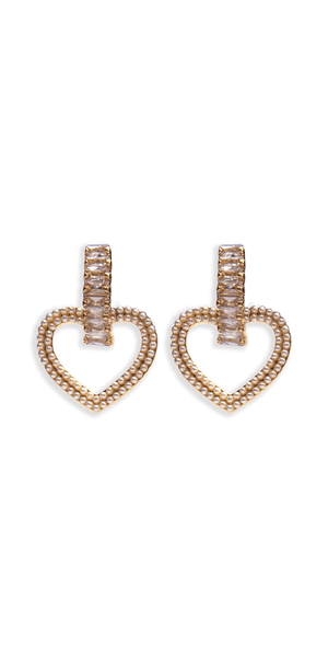 Pearl Heart Drop Earrings with Rhinestone Detail Image 1