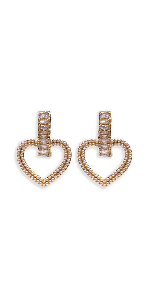 Pearl Heart Drop Earrings with Rhinestone Detail Image 1