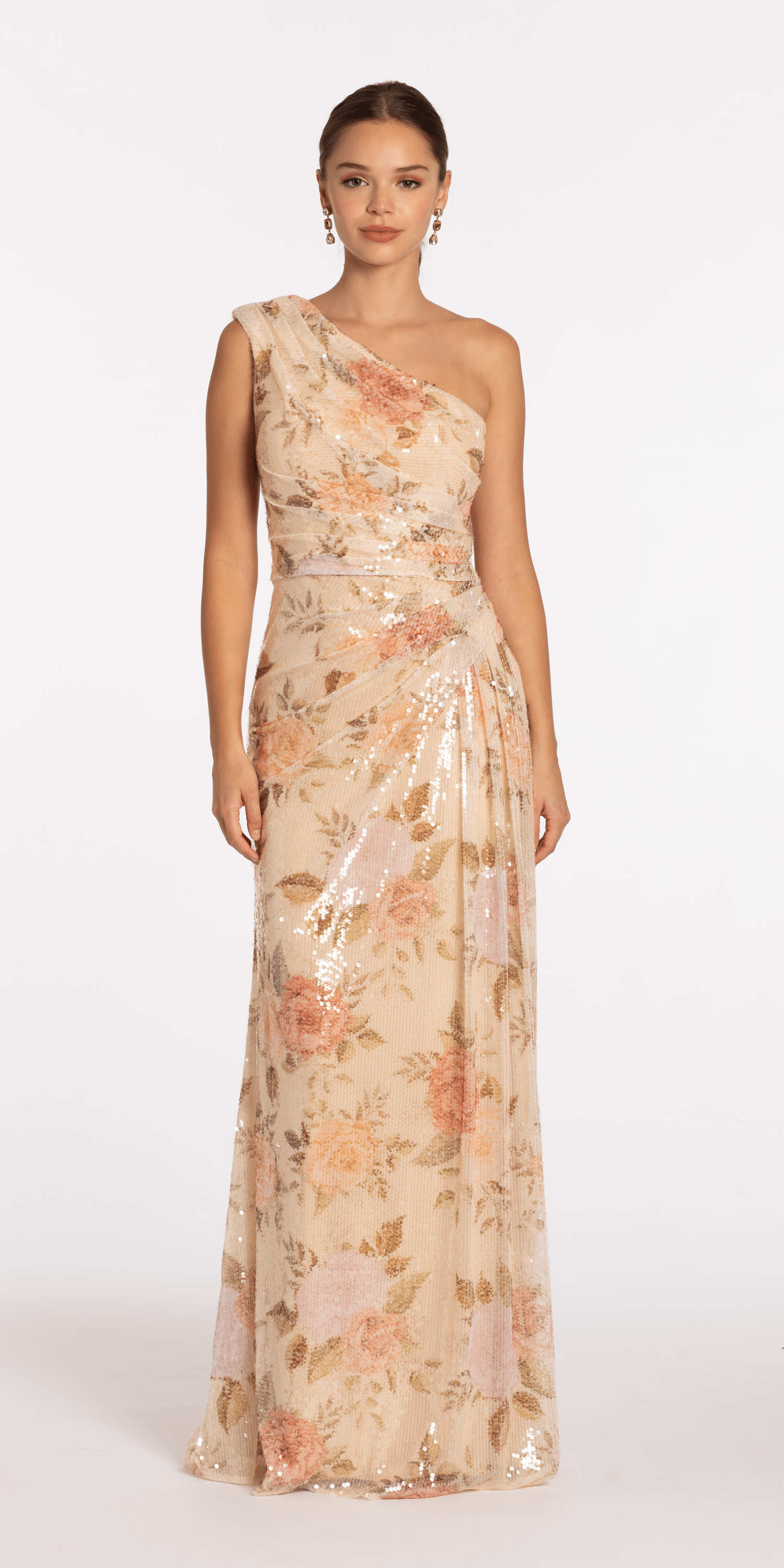 Sequin Floral One Shoulder Column Dress with Side Cascade missy / 10 / neutral-pattern