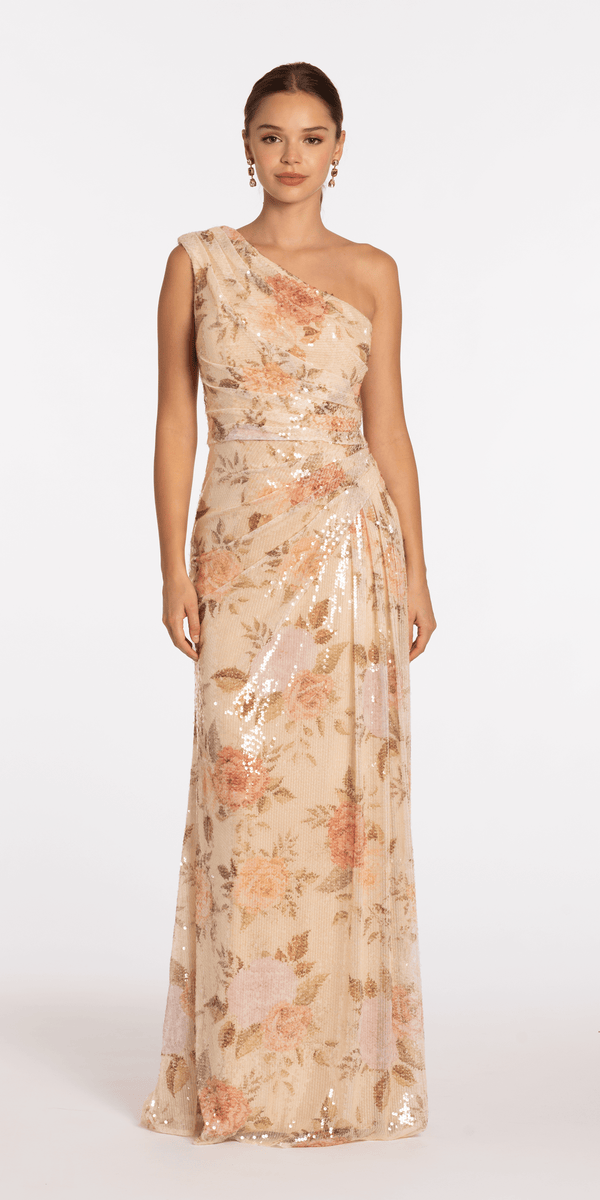 neural-pattern/size/4/missy/Camille La Vie/Sequin Floral One Shoulder Column Dress with Side Cascade/front