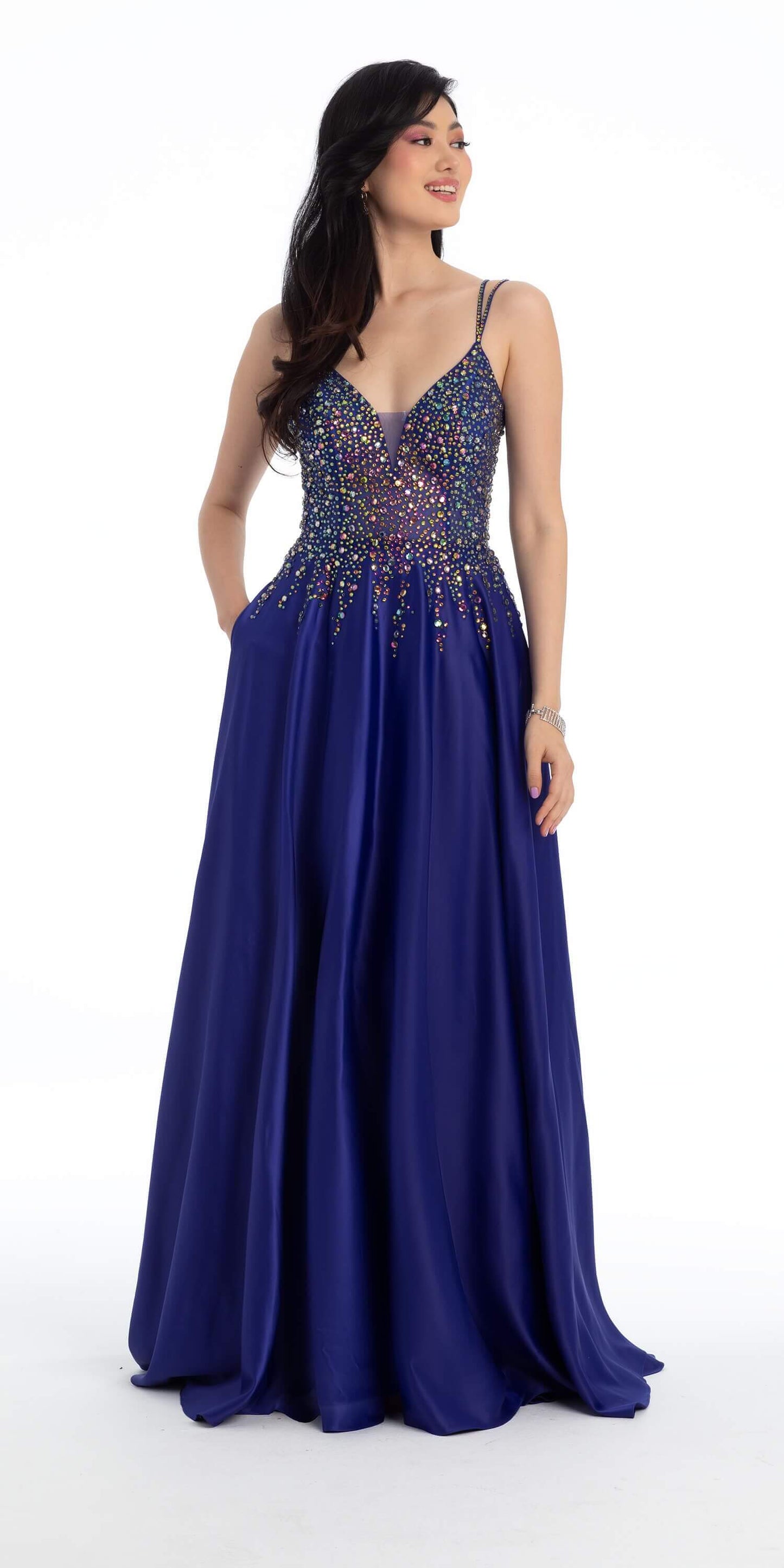 Chunky Gem Double Strap Satin A line Dress with Sweep Train Camille La Vie Chunky Gem Double Strap Satin A line Dress with Sweep Train Camille La Vie