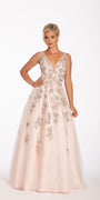 Plunging Tulle Ballgown with Metallic Floral Applique Image 1