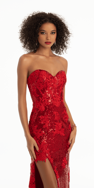 Sequin Corset Lace Up Back Column Dress with Side Slit Image 2