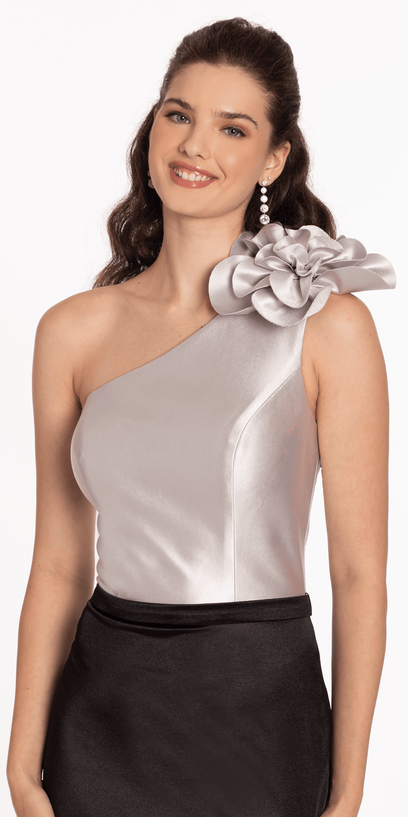 Two Tone Rosette One Shoulder Satin Trumpet Dress Image 4