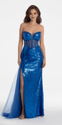 Plunging Sequin Corset High Slit Dress with Side Cascade Image 2